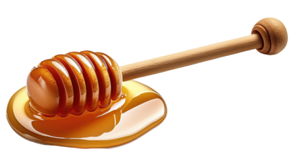 Fresh Honeycomb Stack with Wooden Dipper and Dripping Honey Isolated on White Background