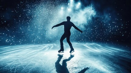 Dynamic silhouette of an ice skater performing gracefully on a brightly lit ice rink with falling snow and dramatic spotlights, showcasing a captivating winter sports scene.