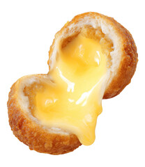 fried cheese ball with melted cheese on white background.