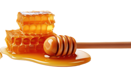 Fresh Honeycomb Stack with Wooden Dipper and Dripping Honey Isolated on White Background