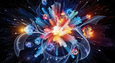 Modern office space with large digital displays showing colorful abstract wave patterns.