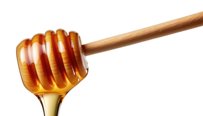 Fresh Honeycomb Stack with Wooden Dipper and Dripping Honey Isolated on White Background
