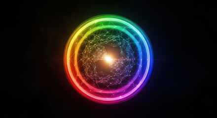 Modern office space with large digital displays showing colorful abstract wave patterns.