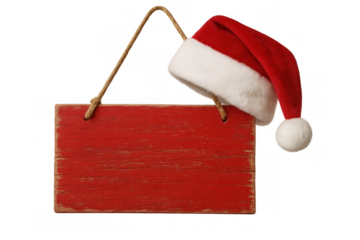 Red rustic wooden sign blank for christmas messages hanging with santa claus hat, transparent background