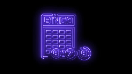 Animated neon style bingo card and number balls glow on a black background
