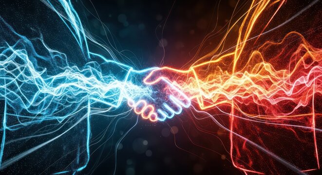 Modern office space with large digital displays showing colorful abstract wave patterns.