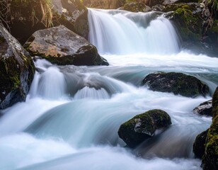 Fototapeta premium Close-up of water flowing over rocks in a river waterfall