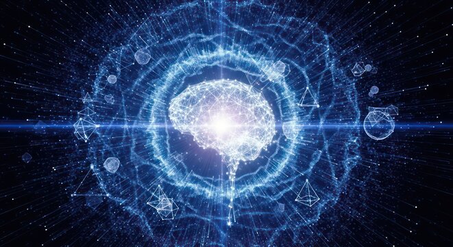 A conceptual image of a glowing brain at the center of a complex, futuristic neural network.