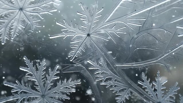 intricate pattern of frozen ice crystals forming a natural winter texture with delicate snowflake designs evoking a festive seasonal