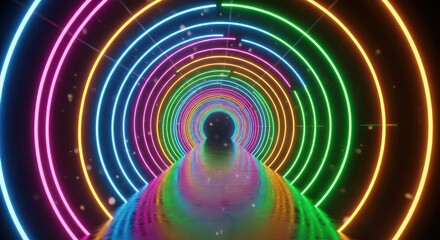 A sphere travels through a futuristic tunnel of concentric glowing rainbow neon rings and sparkling particles.