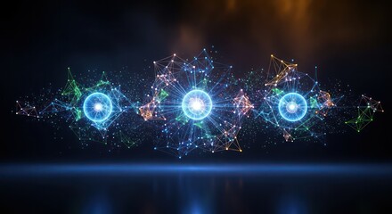 Three glowing energy cores interconnected by a complex digital plexus network on a reflective surface.