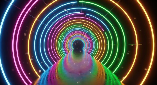 A sphere travels through a futuristic tunnel of concentric glowing rainbow neon rings and sparkling particles.