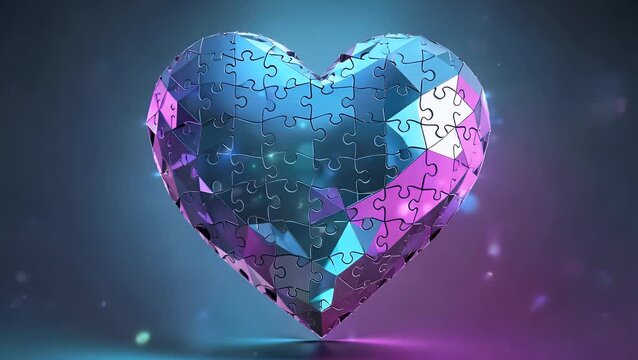 Anatomically Shaped Heart Constructed From Interlocking Puzzle Components Bathed in a Glow of Cyan and Deep Pink