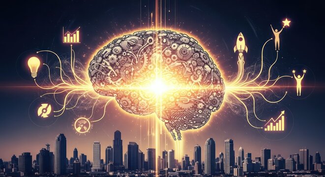 A luminous, digital brain hovers over a modern city skyline, symbolizing innovation, intelligence, and technological growth.