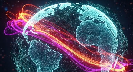 A glowing digital Earth surrounded by vibrant light trails representing global network connections and data transfer.