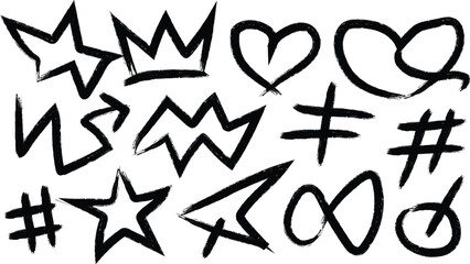 Collection of hand drawn black graffiti symbols and icons on white background