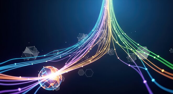 Vibrant streams of colorful light representing digital data flow and network connection.