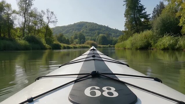close up view of a kayak's bow floating on a calm river with lush green vegetation visible along the