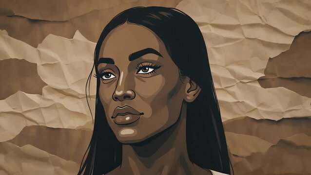 and Fashionable Hand-Drawn Portrait of an African-American Woman Rendered on Textured Brown Craft