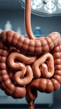 Detailed Anatomical Illustration of Human Intestinal System Illuminated by Surgical Light on Muted Blue Background for Medical Educational Material and Pharmaceutical Advertising Uses
