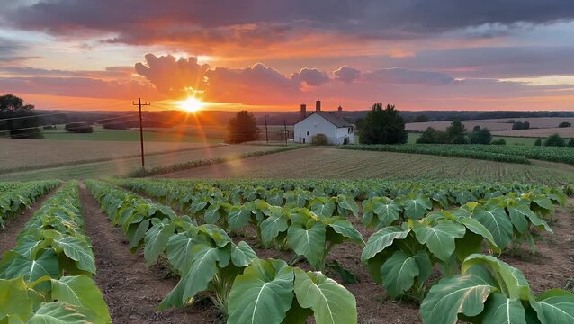Sunset Landscape of a Thriving Tobacco Agricultural Operation in a Rural