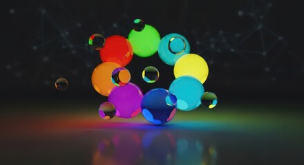 A vibrant circular arrangement of multicolored glossy spheres on a dark, reflective surface with a network background.