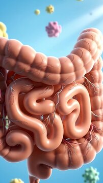 Detailed Anatomical Model of Human Colon on Light Blue Background with Microbiome Elements and Intricate Vascular Network for Medical Visualization and Educational Resources