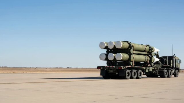 Truck transports ballistic missiles, a modern weapons system on a clear day. - Powered by Adobe