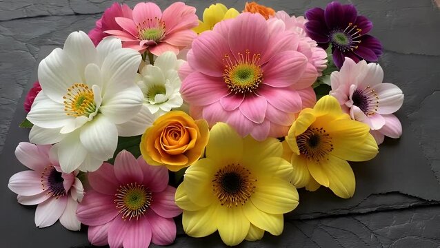 photograph of a vibrant assortment of fresh spring flowers arranged as a border on a dark black textured surface creating a flat lay composition with copy