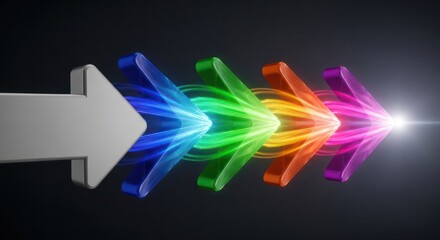 A large grey arrow transforms into a vibrant rainbow spectrum of smaller arrows moving towards a bright light.