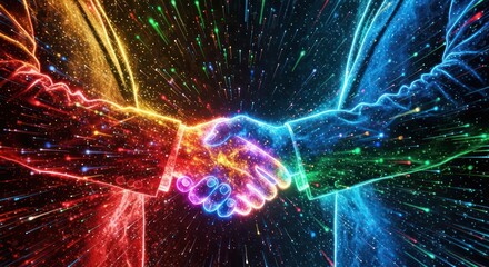 A vibrant, futuristic handshake symbolizing a powerful business partnership and technological synergy.
