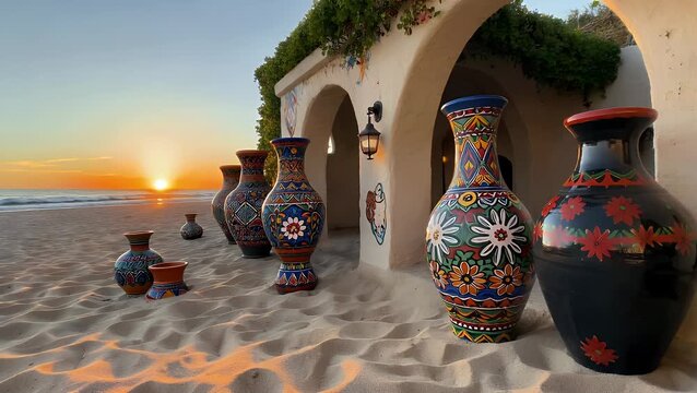 Painted Traditional Earthenware and Architectural Structures Bathed in the Gentle Light of Dawn on a Coastal
