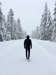 Person walking alone on snowy forest road in winter fog. Generative AI.
