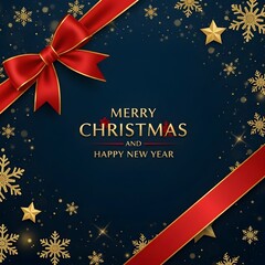 Elegant Christmas greeting card design with golden snowflakes and a festive red ribbon on a dark blue background for joyful holiday celebrations
