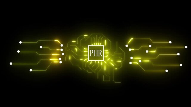 Digital Brain Circuit Board with Yellow Neon Lights and PHR Text technology artificial intelligence