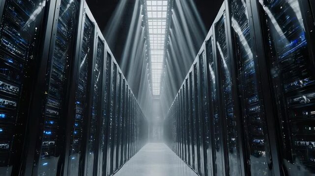 Rows Of Server Racks With Dramatic Light Rays Shining Down In A Dark Data Center