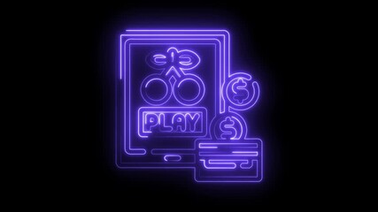 Neon style online casino app slot machine payment on black background animation