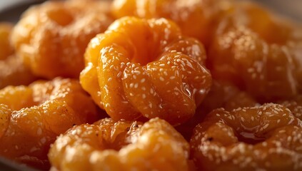 Close up of sweet golden syrup glazed mini cakes sprinkled with sesame seeds