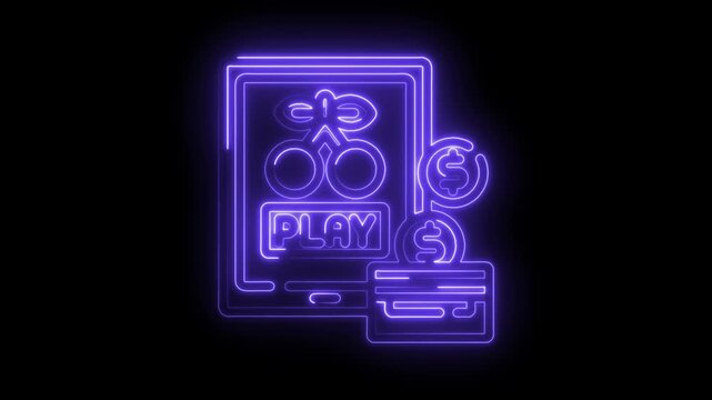 Neon style online casino app slot machine payment on black background animation