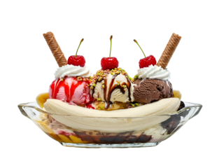 Delicious Banana Split with Whipped Cream and Cherries on Top - Isolated