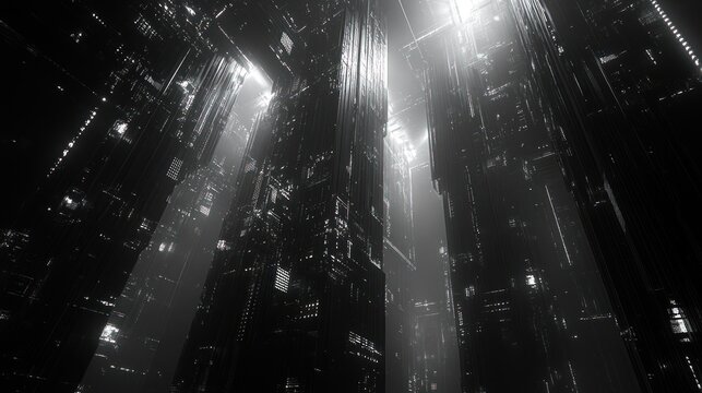 Futuristic city scape, dark, glowing, vertical architecture, digital art, stock