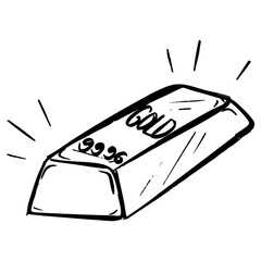Vector sketch illustration of a gold bar with purity mark 99.9g, hand drawn in doodle style. Simple line art of a gold ingot isolated on white background,