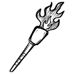 Black and white doodle illustration of a burning torch with flame. Hand drawn sketch style, perfect for design elements, icons, logos, adventure themes, survival concepts, or vintage artwork.