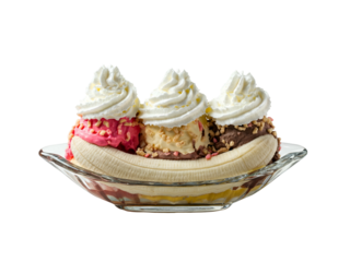 A classic banana split dessert sundae with strawberry, vanilla, and chocolate ice cream scoops, topped with whipped cream and nuts, isolated on a white background
