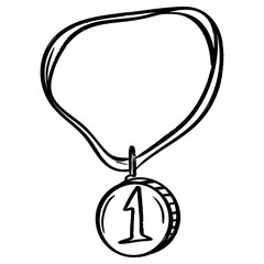 Black and white hand drawn illustration of a first place medal with a ribbon. Simple doodle style design representing success, achievement, championship, and victory.