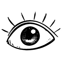 Minimalist hand drawn eye icon in black and white with sketch style decorative lines above the eye.