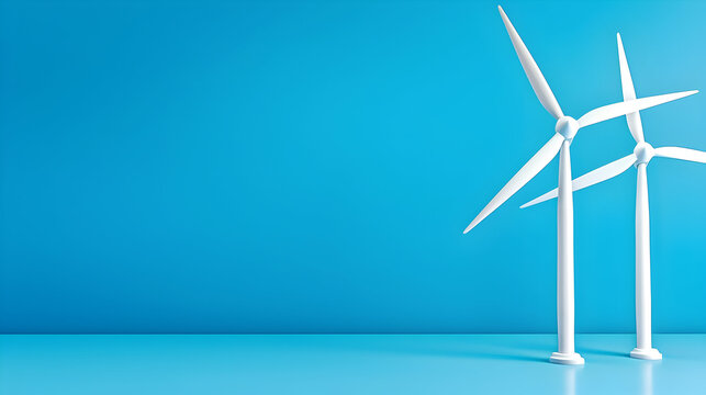 Clean white wind turbines generate sustainable energy against a vibrant blue sky, symbolizing renewable power and ecological innovation. - Powered by Adobe