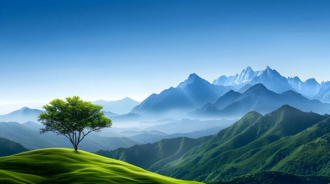 Serene green rolling hills meet misty blue mountains under a vast, clear sky, a lone tree symbolizing nature's enduring beauty. - Powered by Adobe