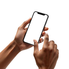 Man holding smartphone with blank white screen on transparent background, isolated hands showing mobile device for mockup