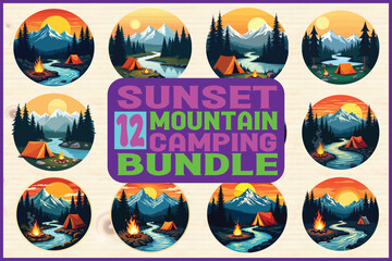 Stunning mountain camping scene at sunset bundle